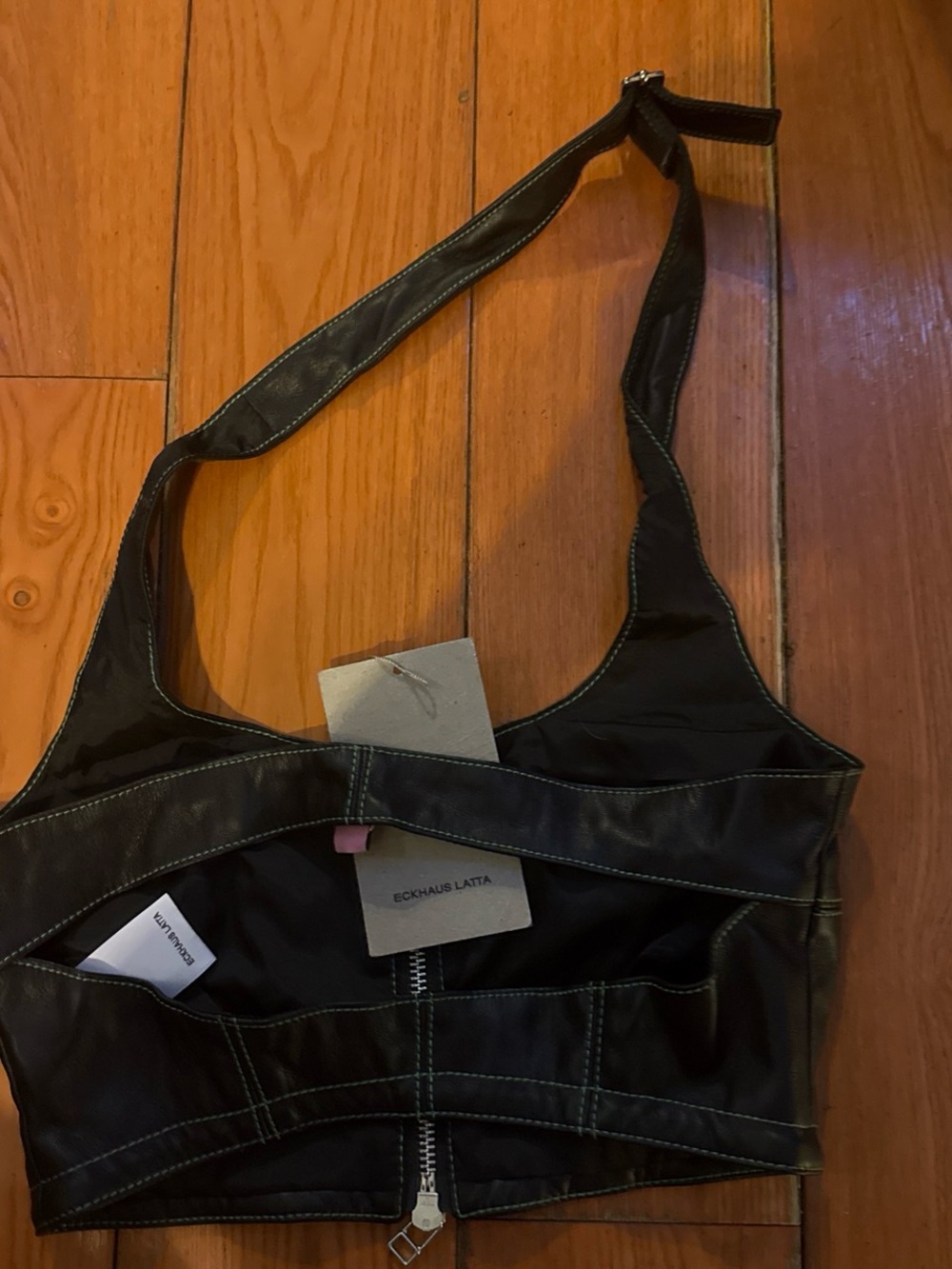 Eckhaus Latta Black Leather Crop Bag Top with Front Zip size s